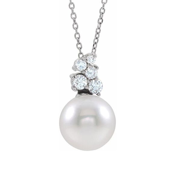 14K White Gold FW Cultured Pearl & 1/4 CTW Diamond Necklace 16-18 In
